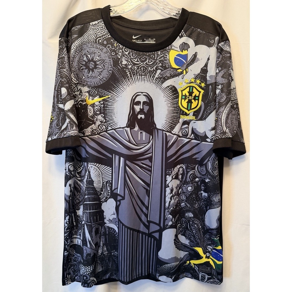 Nike Brazil CBF Soccer Jersey Christ the Redeemer Print Men's Size XL Black Gray